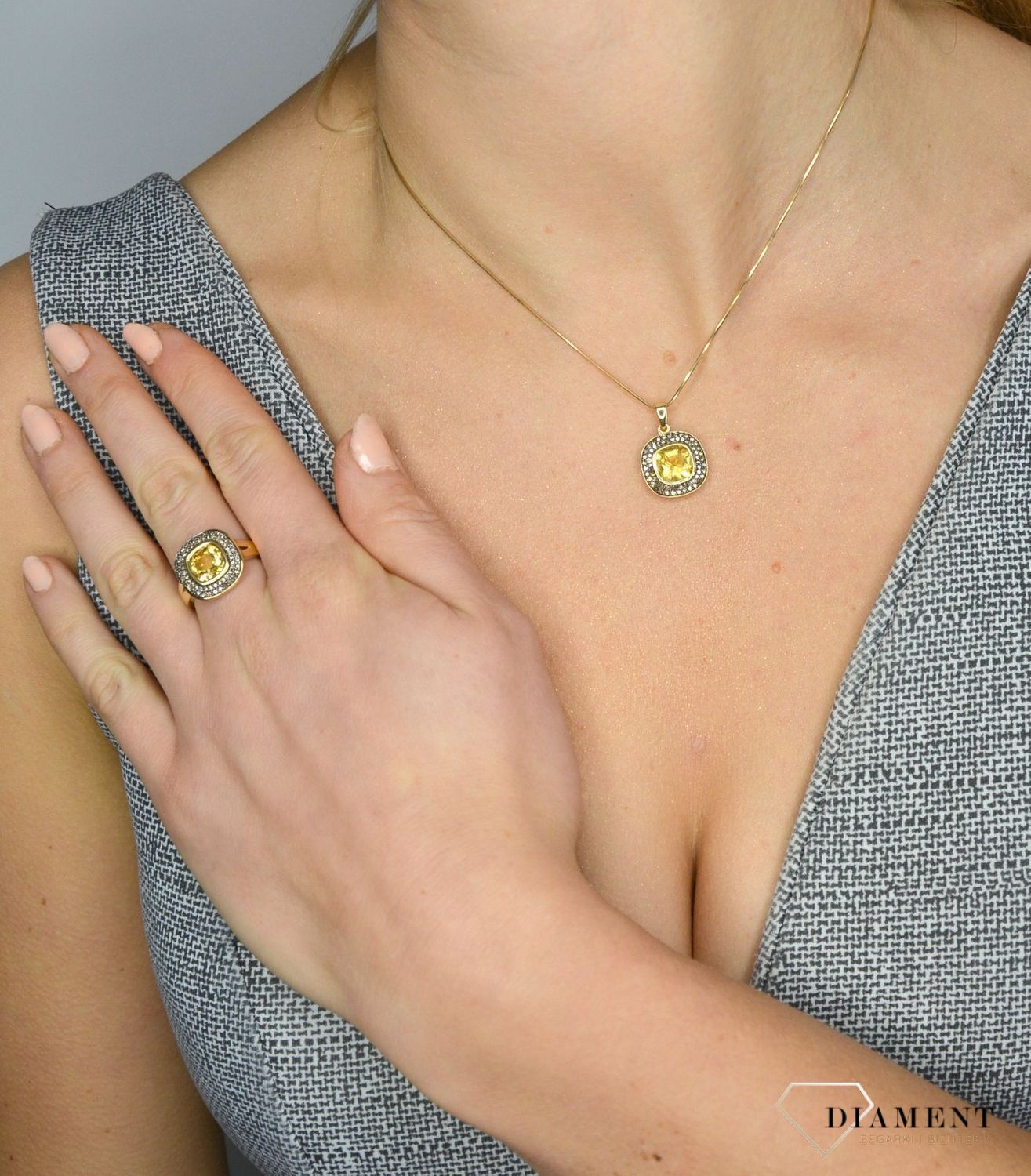 Złota zawieszka DIAMENT cytryn, diamenty P 1020 CTCH.jpg